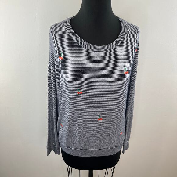 SUNDRY Blue White Stripe Embroidered Cherries Crew Neck Long Sleeve Knit Top 3 L - Picture 2 of 8